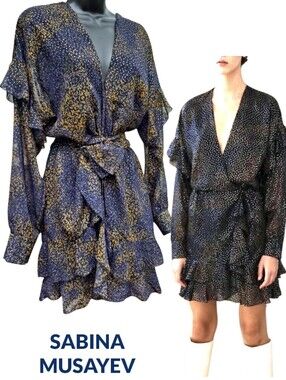 Sabina Musayev Semi Sheer, V Neck Long-Sleeve Tiered Ruffle Dress Size M - NEW